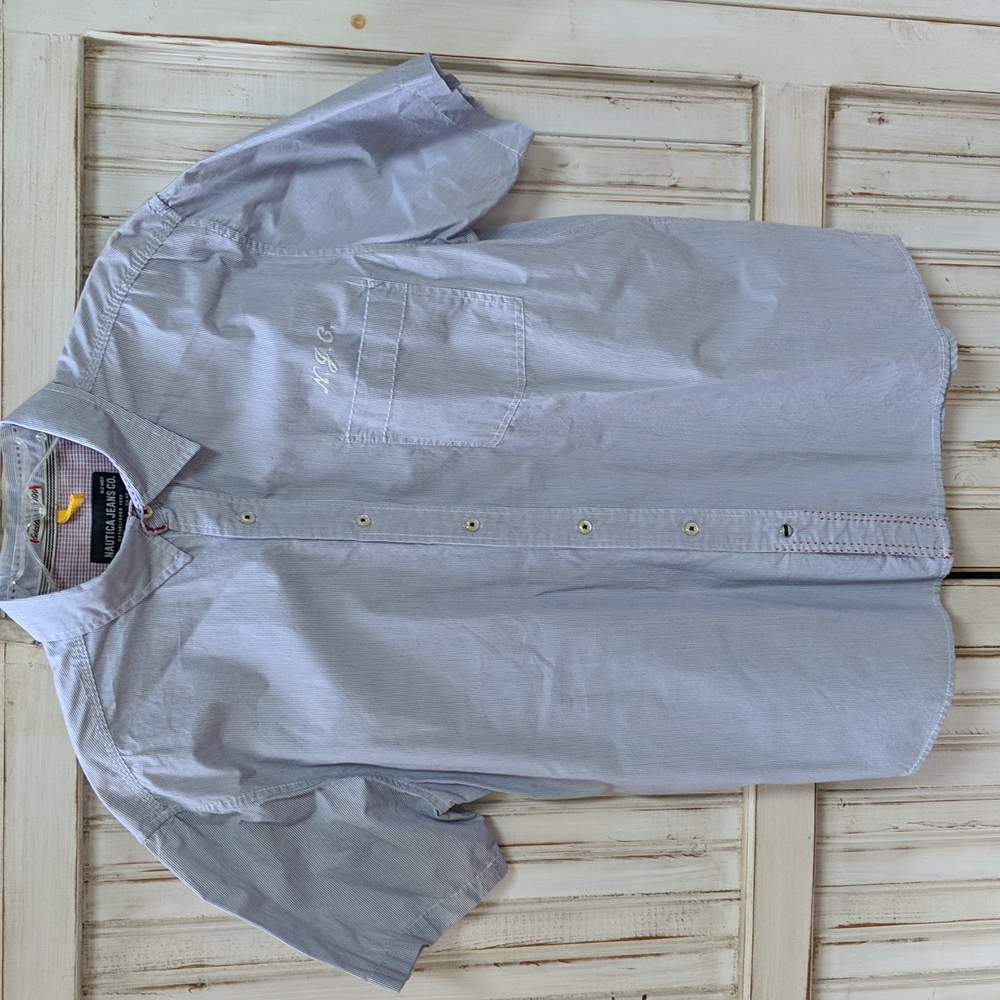 Nautica Jeans Co blue and white pinstripe short sleeve casual shirt. XL
